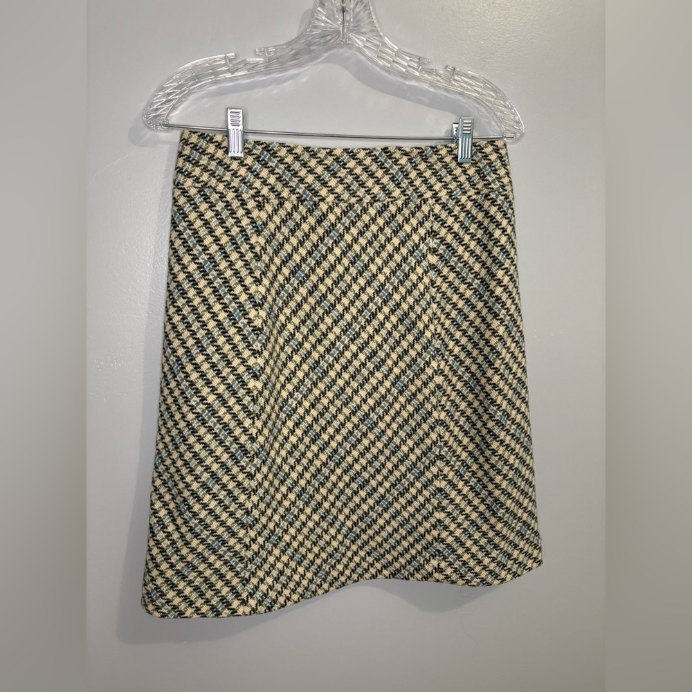 Ann Taylor Women’s Size 4 Skirt Wool-Blend Lined Cream Green Blue Houndstooth - Picture 4 of 16